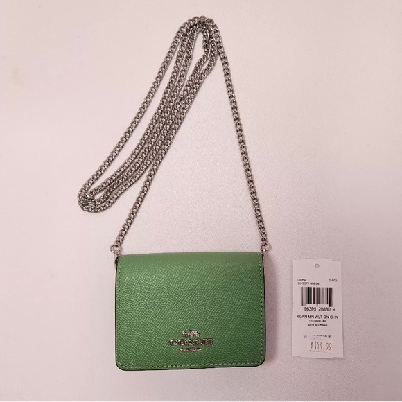 NWOT Coach Mini Wallet On a Chain Soft Green Metallic Crossgrain Leather [sold] - Picture 2 of 4